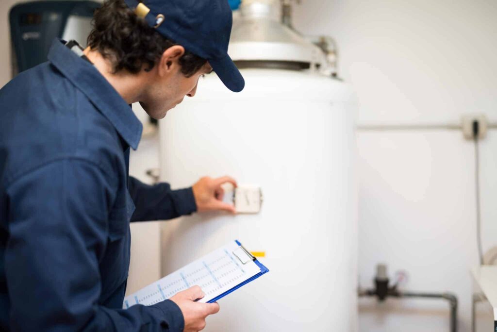 A Bell Brothers technician, fully uniformed and background-checked, inspects a white water heater’s control panel while recording details on a clipboard. Our No Surprise Guarantee and upfront pricing ensure peace of mind for homeowners throughout Northern California—just one reason why local communities trust Bell Brothers for reliable, professional service.