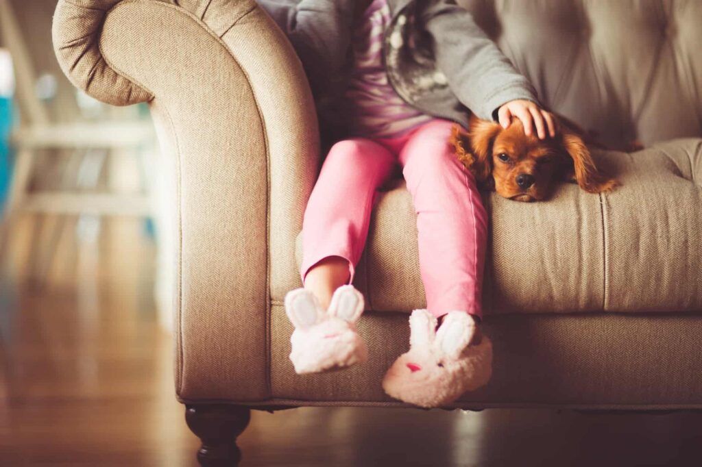 A young child in pink pants and bunny slippers sits comfortably on a beige couch, gently petting their brown puppy. With Bell Brothers’ trusted service, families across Northern California can relax, knowing our background-checked technicians deliver upfront pricing and our No Surprise Guarantee—so there are never any unexpected costs. For peace of mind and dependable service you can count on, choose the team your neighbors trust.