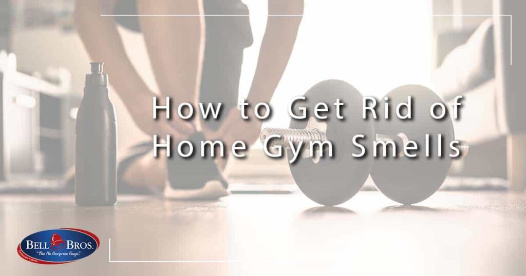Image: a woman lacing up her shoes next to a small hand barbell, cover image for How to Get Rid of Home Gym Smells