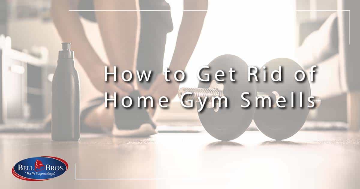 Image: a woman lacing up her shoes next to a small hand barbell, cover image for How to Get Rid of Home Gym Smells