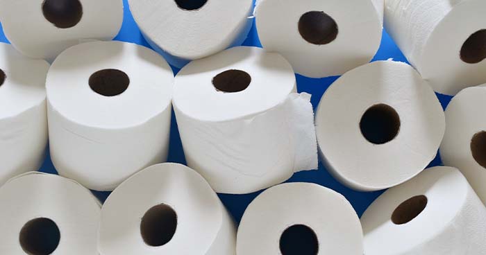 Image: toilet paper rolls against a blue background.