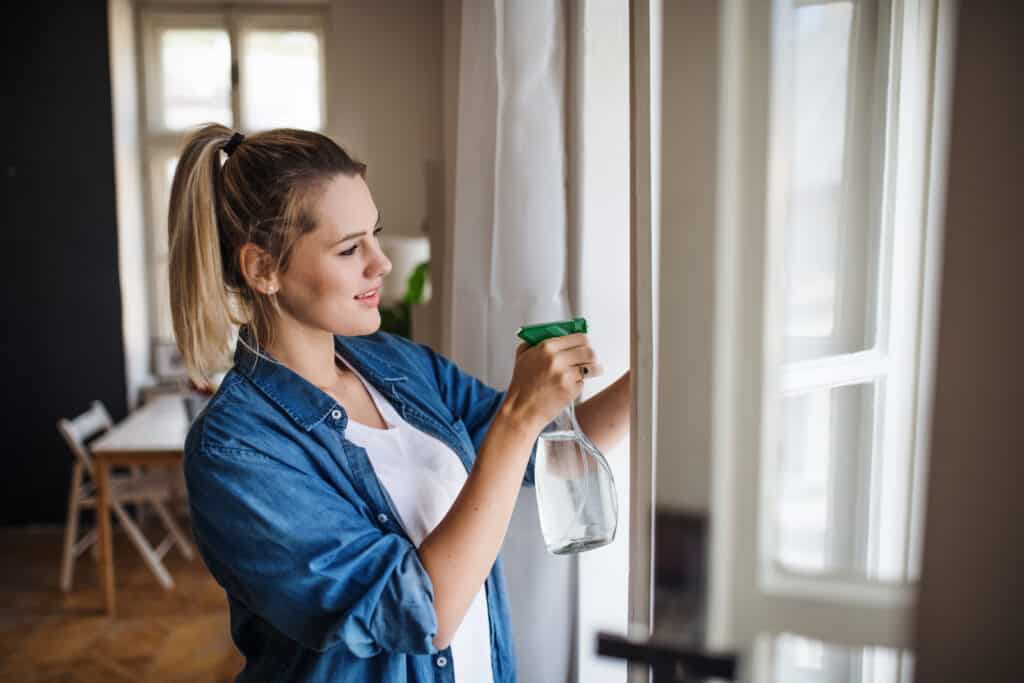 A young woman standing indoors at home, cleaning bigger windows.