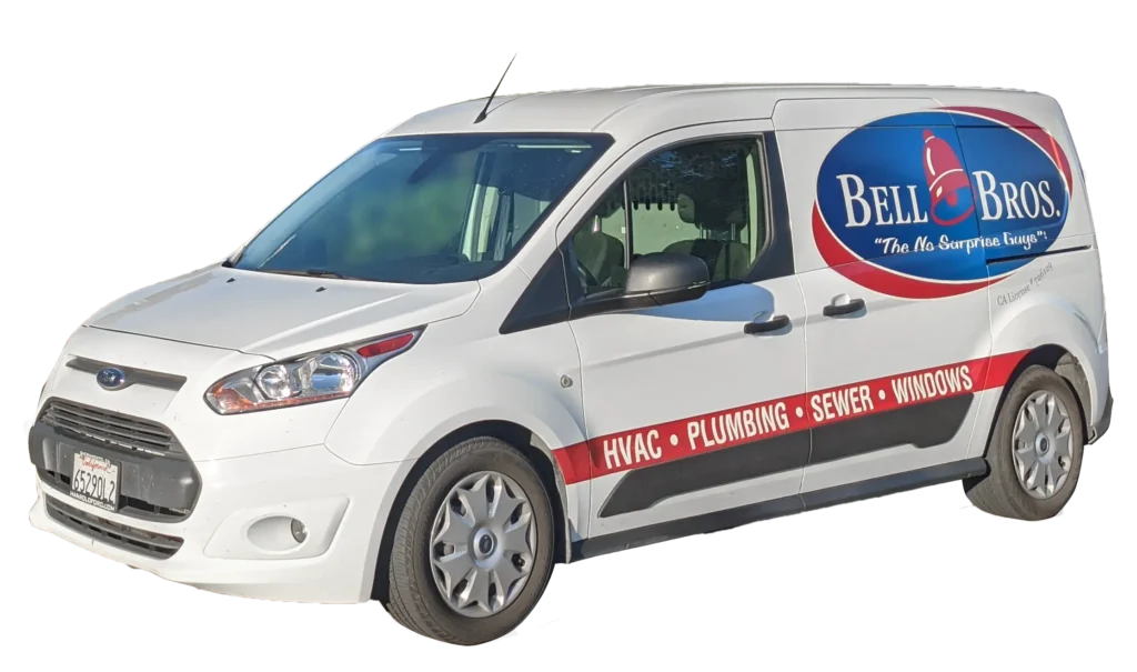 A white Bell Bros. service van, clearly marked with the company’s branding and a list of HVAC, plumbing, sewer, and window services on the side. Trusted throughout Northern California communities, Bell Brothers is known for their No Surprise Guarantee, thoroughly background-checked technicians, and honest upfront pricing—making them a top choice for customers and anyone seeking rewarding careers with a reputable local company.
